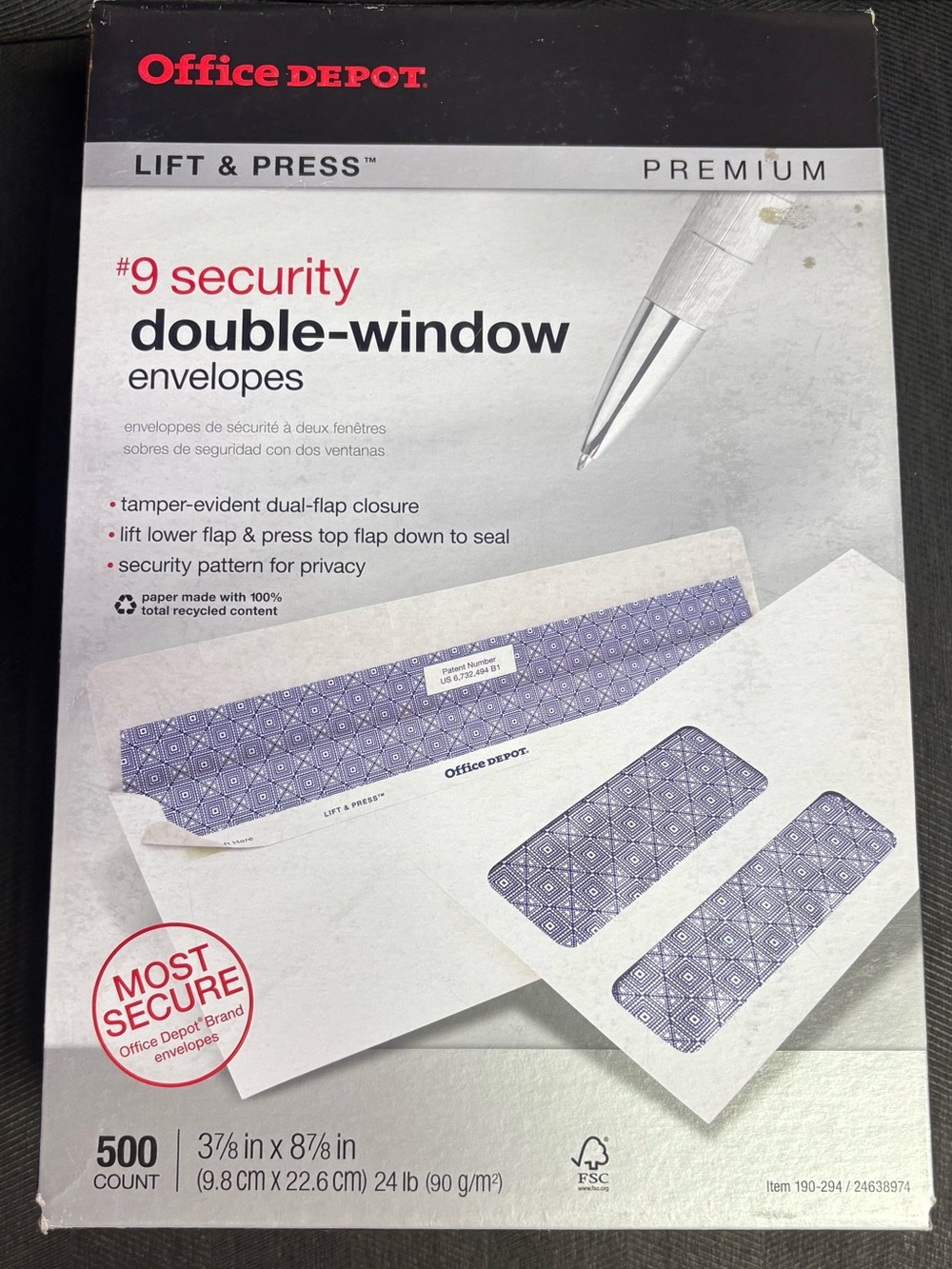 Office Depot Premium #9 Security Double-Window Envelopes, White (500 Count)